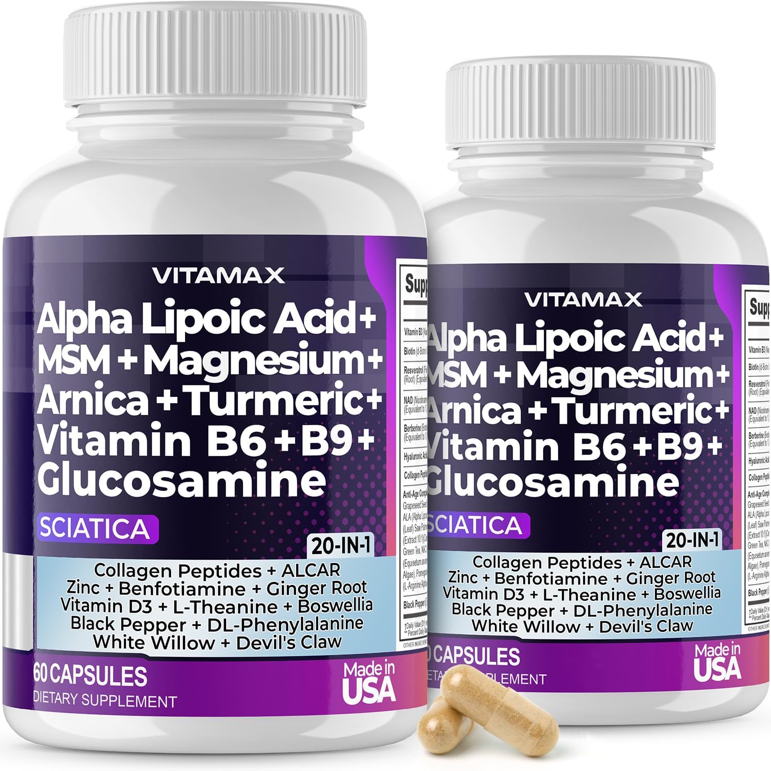 Nerve-Plus - Complemento para el nervio ciático con ácido fólico, guisante, glucosamina, MSM, complejo vitamínico B, ácido alfa lipoico 300 mg – 60 cápsulas