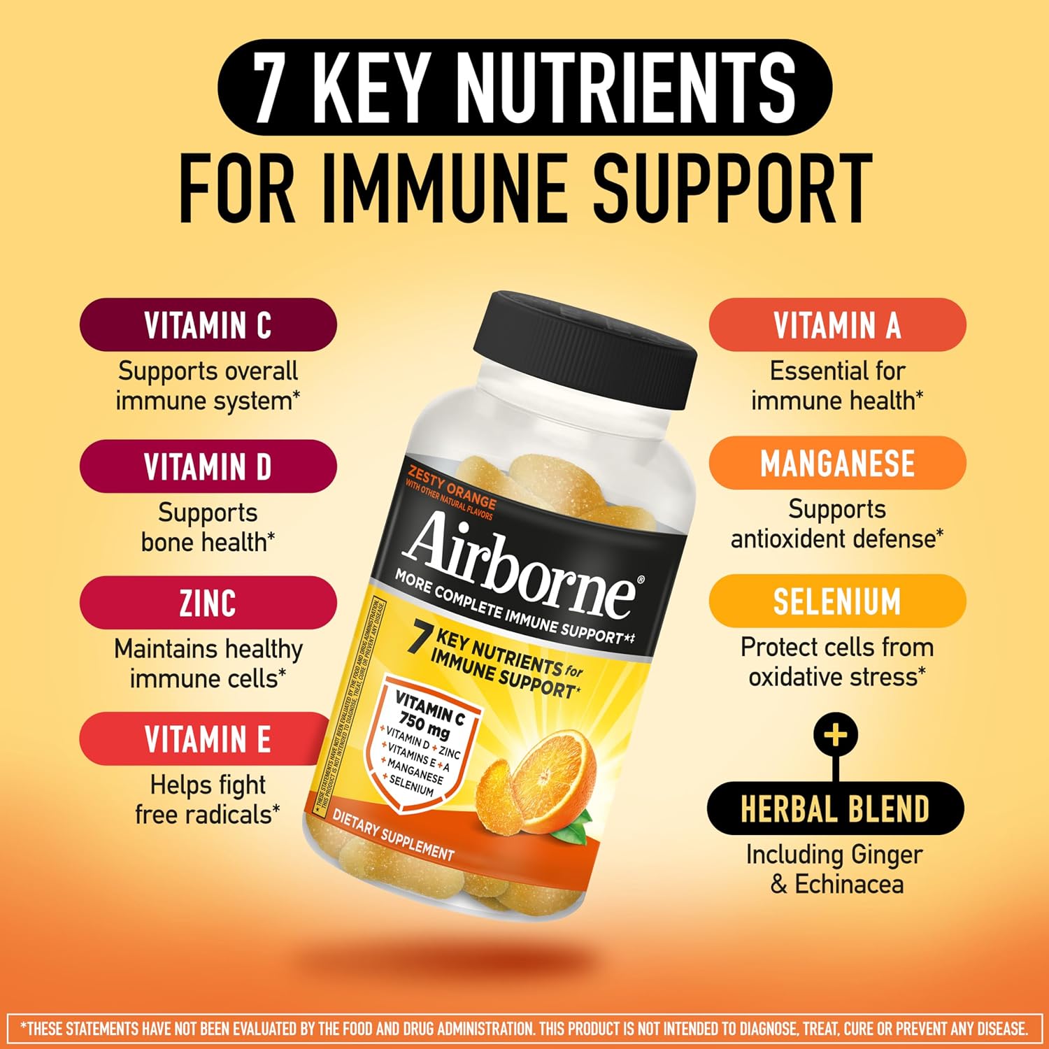 Airborne Immune Support Gummies, Orange Flavor, 63 Count – 750 mg Vitamin C + Vitamins A, D & E + Zinc, Selenium & Manganese | Herbal Blend | Natural Flavor