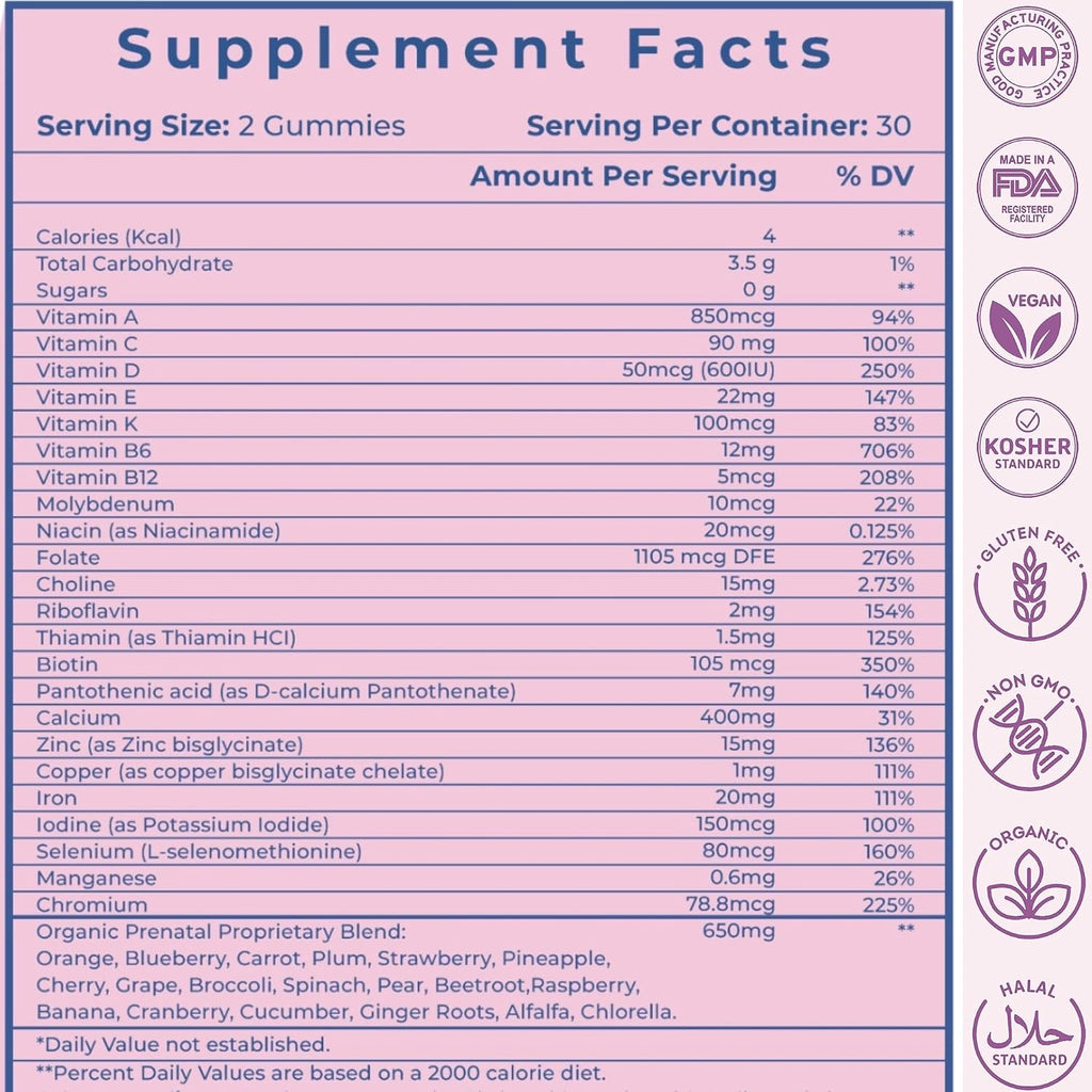 VIDAVITE Gominolas Prenatales Sin Azúcar - 30+ Nutrientes (Colina, Folato, Hierro) para el Apoyo Fetal y Neural, Huesos, Energía e Inmunidad - Vitaminas Prenatales Veganas para Mujeres (60 Gominolas)