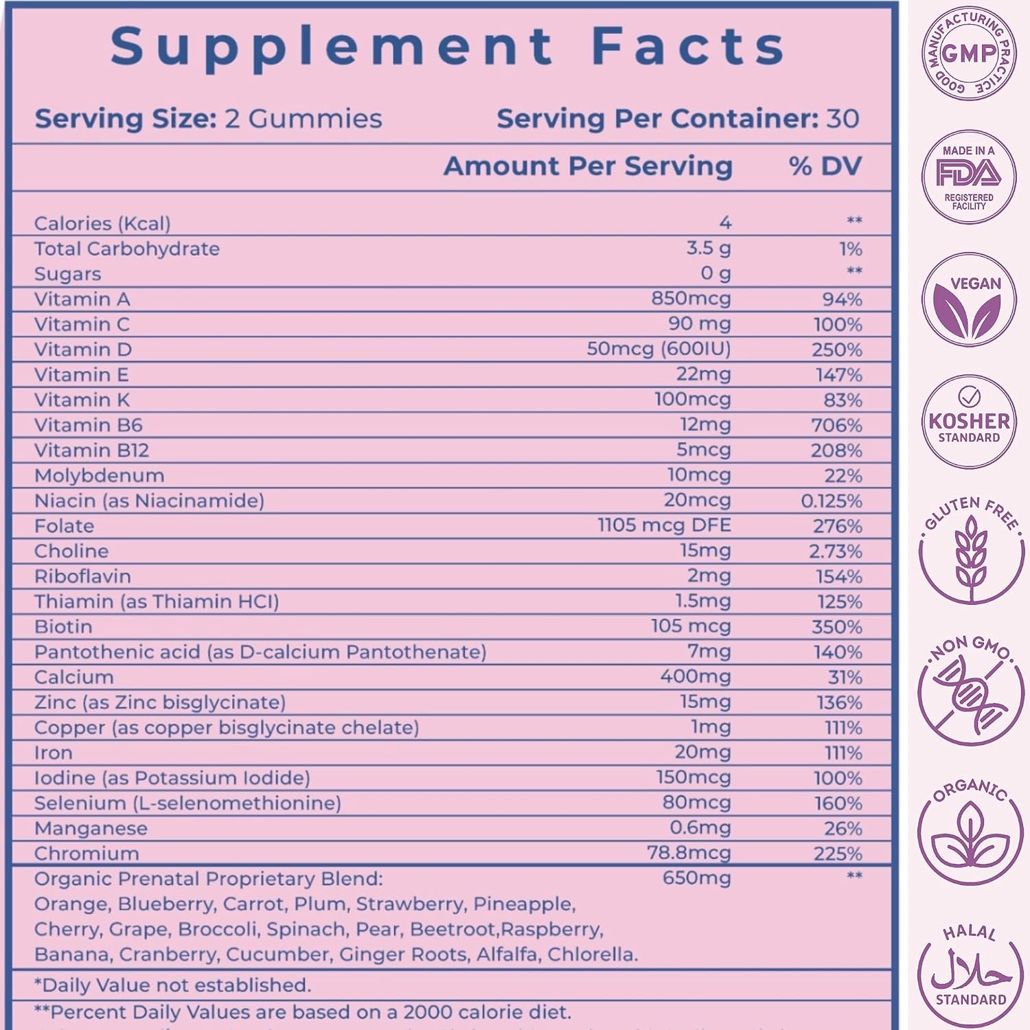 VIDAVITE Gominolas Prenatales Sin Azúcar - 30+ Nutrientes (Colina, Folato, Hierro) para el Apoyo Fetal y Neural, Huesos, Energía e Inmunidad - Vitaminas Prenatales Veganas para Mujeres (60 Gominolas)