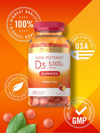 Carlyle Vitamin D3 Gummies 5000 IU (125 mcg) | 90 Count | Peach Flavor | Vegetarian, Non-GMO & Gluten Free Supplement