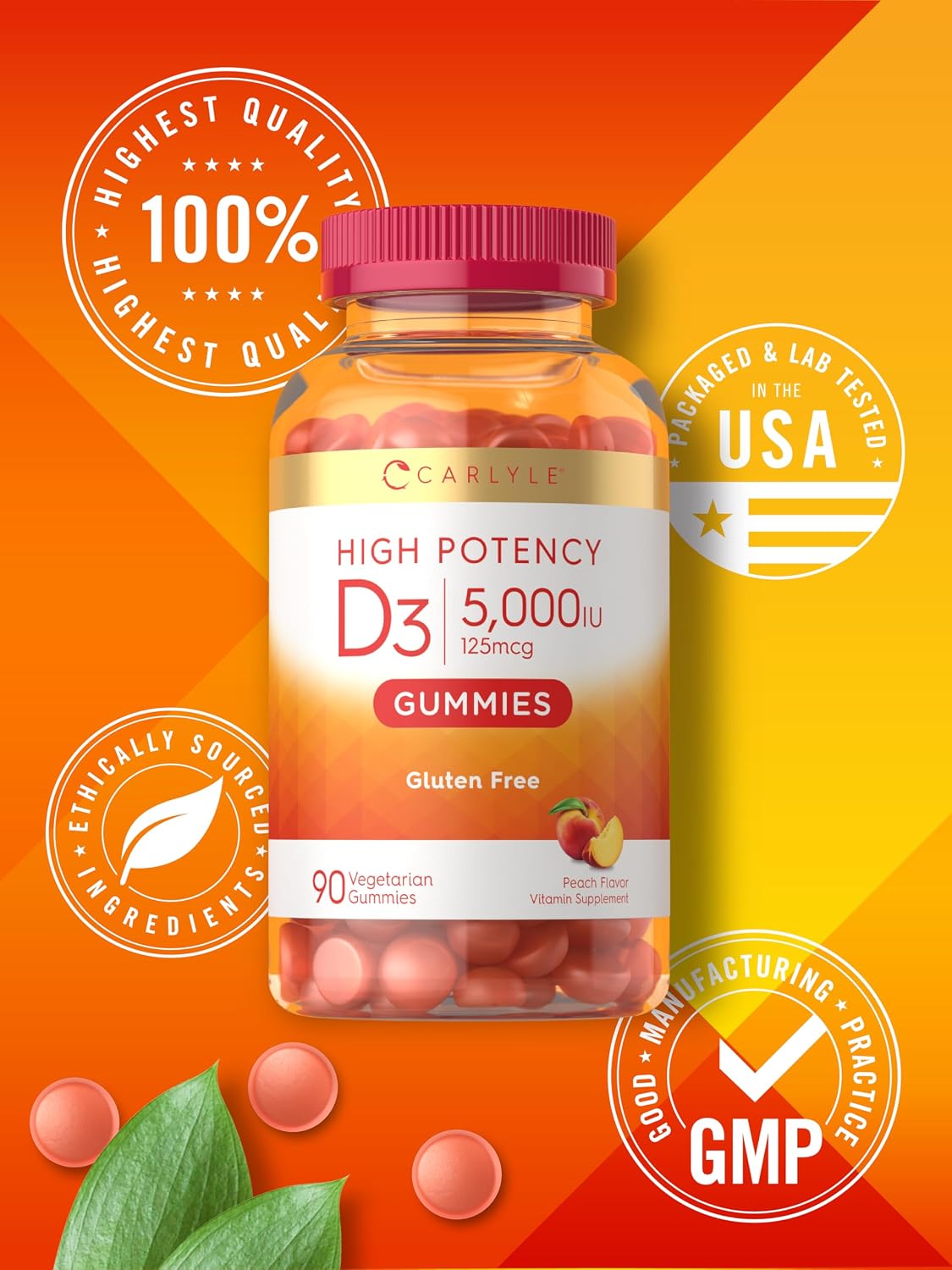 Carlyle Vitamin D3 Gummies 5000 IU (125 mcg) | 90 Count | Peach Flavor | Vegetarian, Non-GMO & Gluten Free Supplement