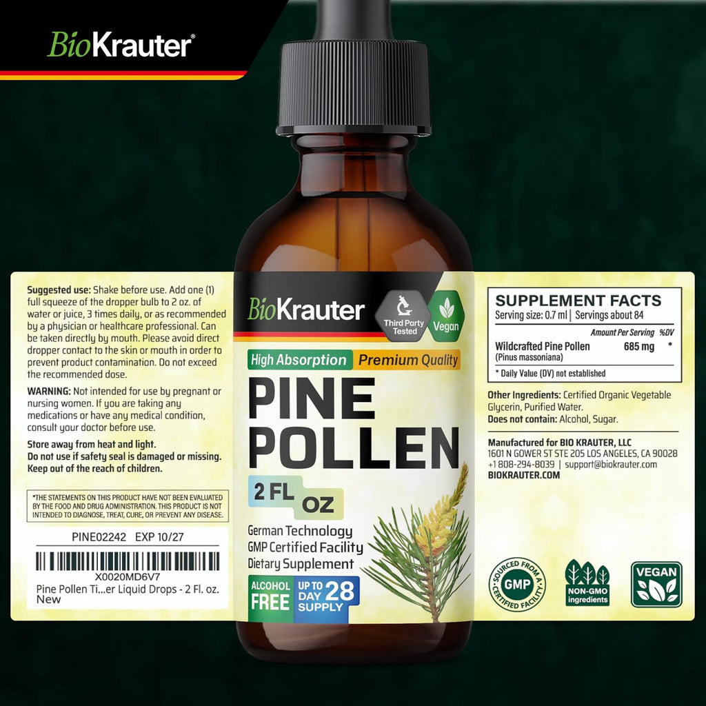 BIO KRAUTER® Polen de Pino para Hombres - Tintura Vegana Pura 685 mg por Dosis, 2 oz - Apoyo Inmunitario y Antioxidante