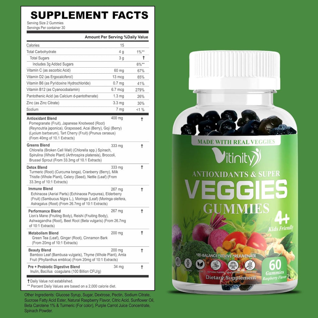 VITINITY Super Greens Multivitamin Gummies - 30 Superalimentos para Adultos y Niños - Sin OGM, Sin Gluten, Sin Azúcar