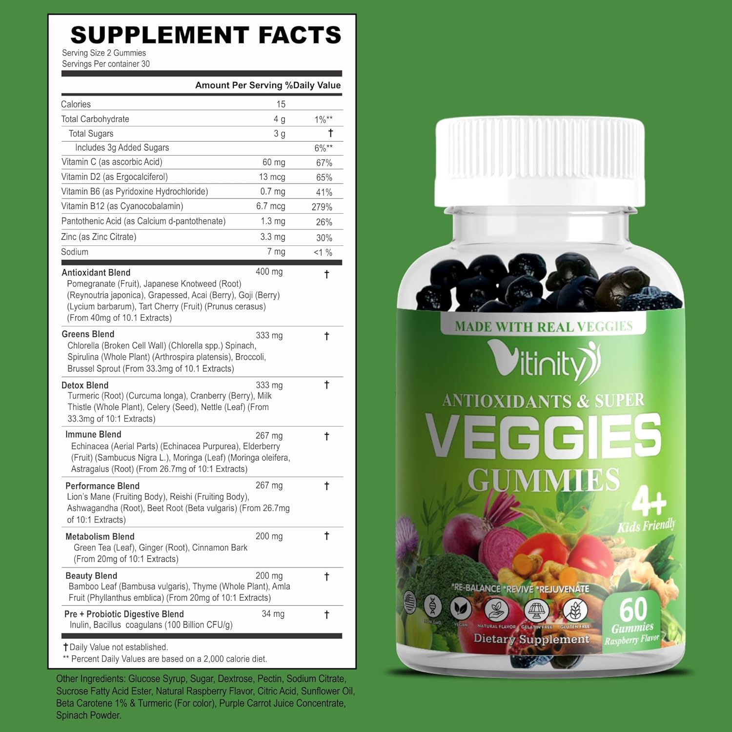VITINITY Super Greens Multivitamin Gummies - 30 Superalimentos para Adultos y Niños - Sin OGM, Sin Gluten, Sin Azúcar