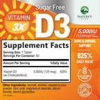 Vitamina D3 5000 IU (125 mcg) por Dosis - Triple Concentración - Apoyo Inmunológico - Vegano, Sin Gluten - Sabor Frambuesa - 60 Comprimidos Masticables