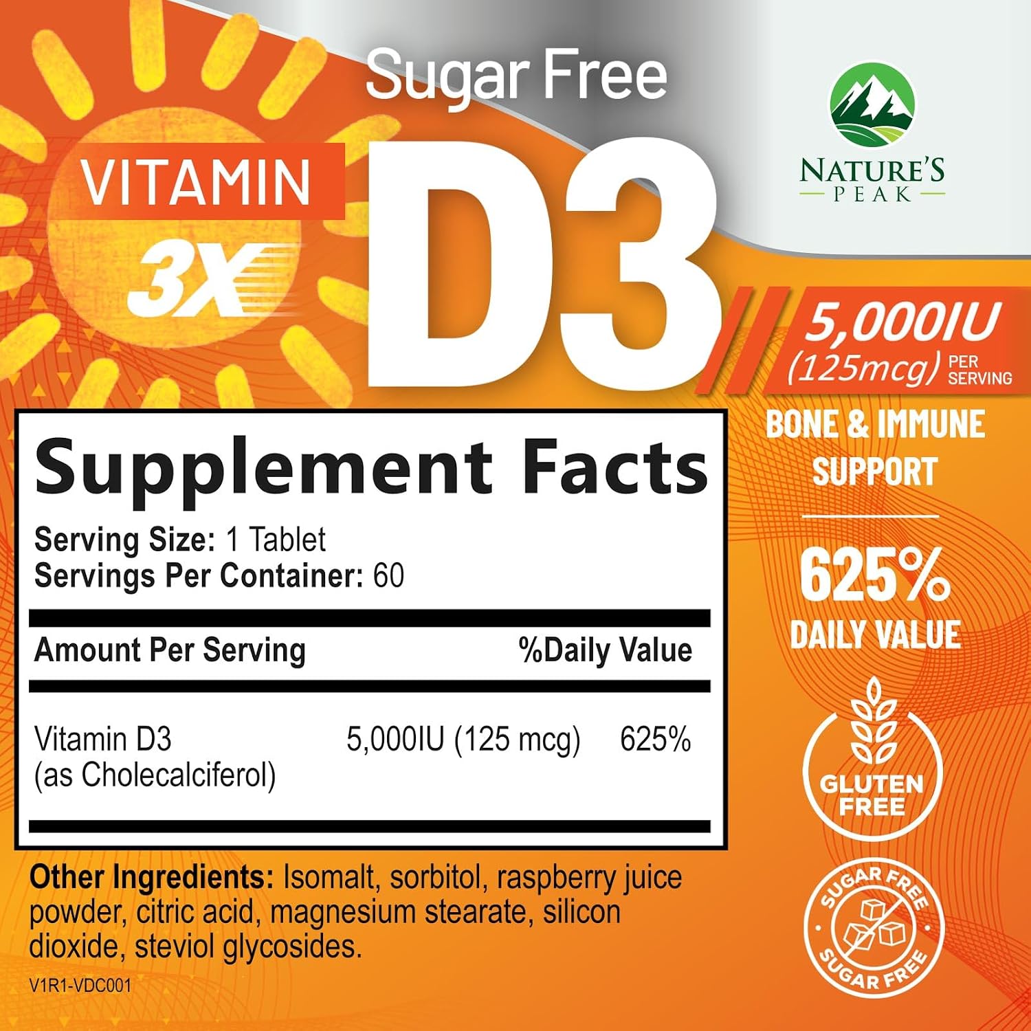 Vitamina D3 5000 IU (125 mcg) por Dosis - Triple Concentración - Apoyo Inmunológico - Vegano, Sin Gluten - Sabor Frambuesa - 60 Comprimidos Masticables