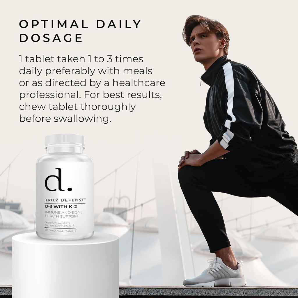 Daily Defense - Vitamina D3 y K2 2000 UI, 100 Comprimidos Masticables