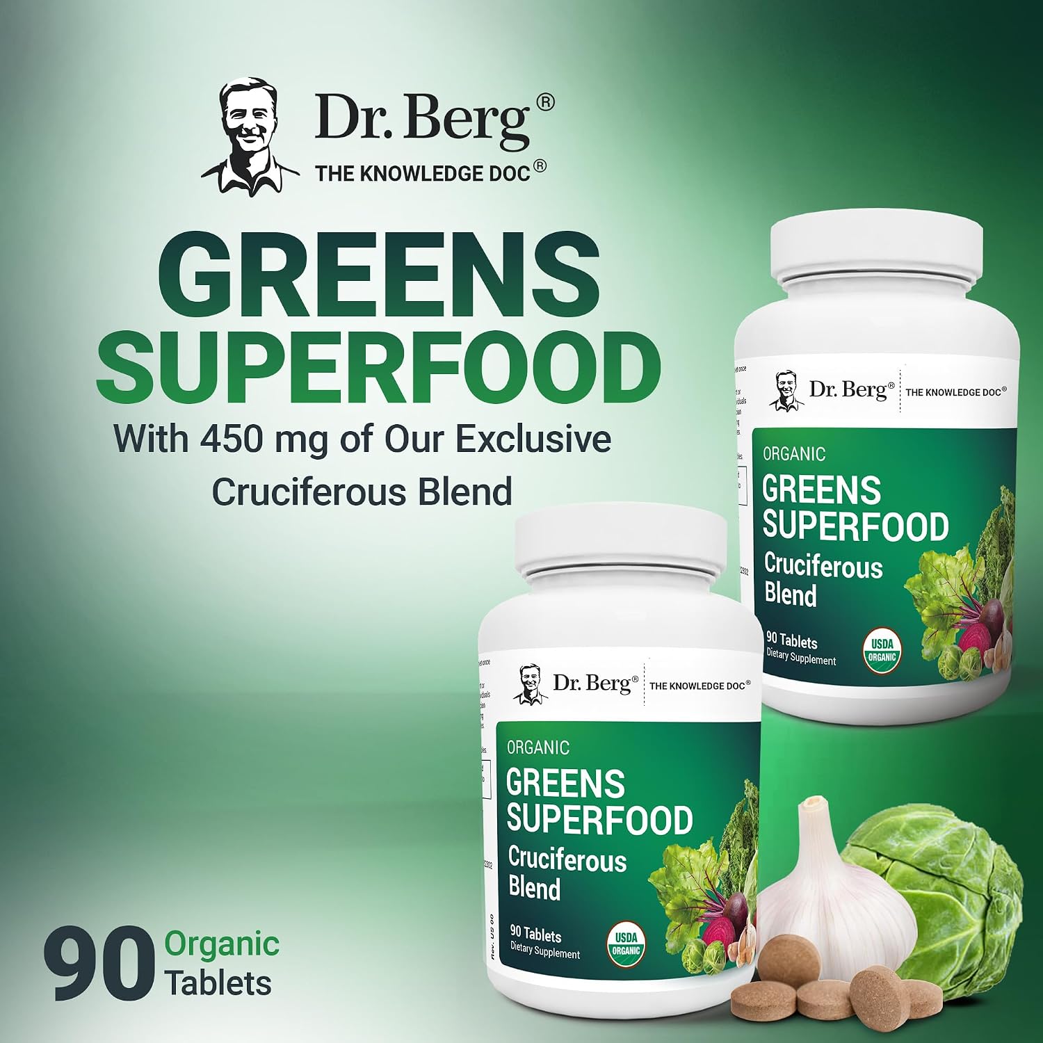 Dr. Berg's Greens Superfood - Comprimidos de Vegetales Crucíferos con 11 Fitonutrientes Orgánicos - 90 Comprimidos