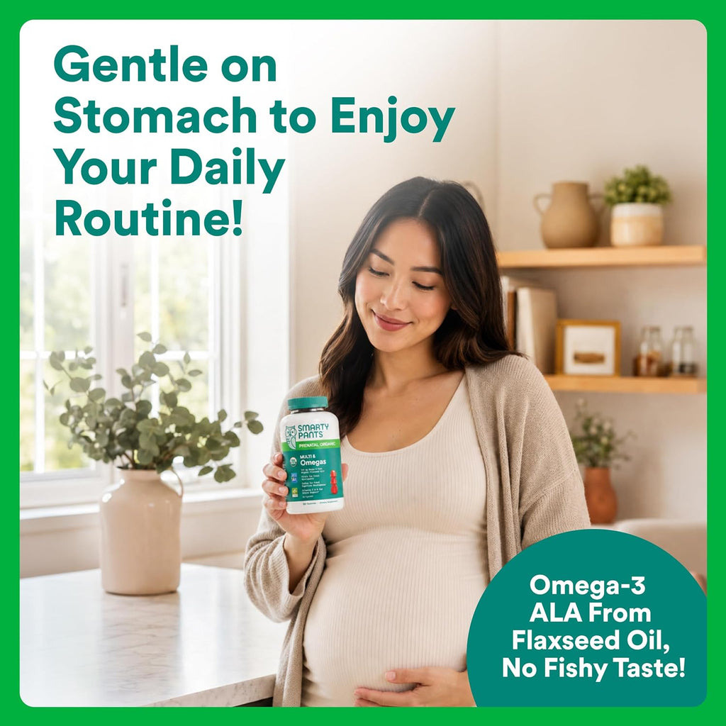 SmartyPants Vitaminas Prenatales Orgánicas para Mujeres, Gominolas Multivitamínicas: Biotina, Metilfolato, Omega 3 (ALA), Vitamina D3, C, Vitamina B12, B6, A, K2 y Zinc, Colina, Vegetariano, 120 unidades (Suministro para 30 días)