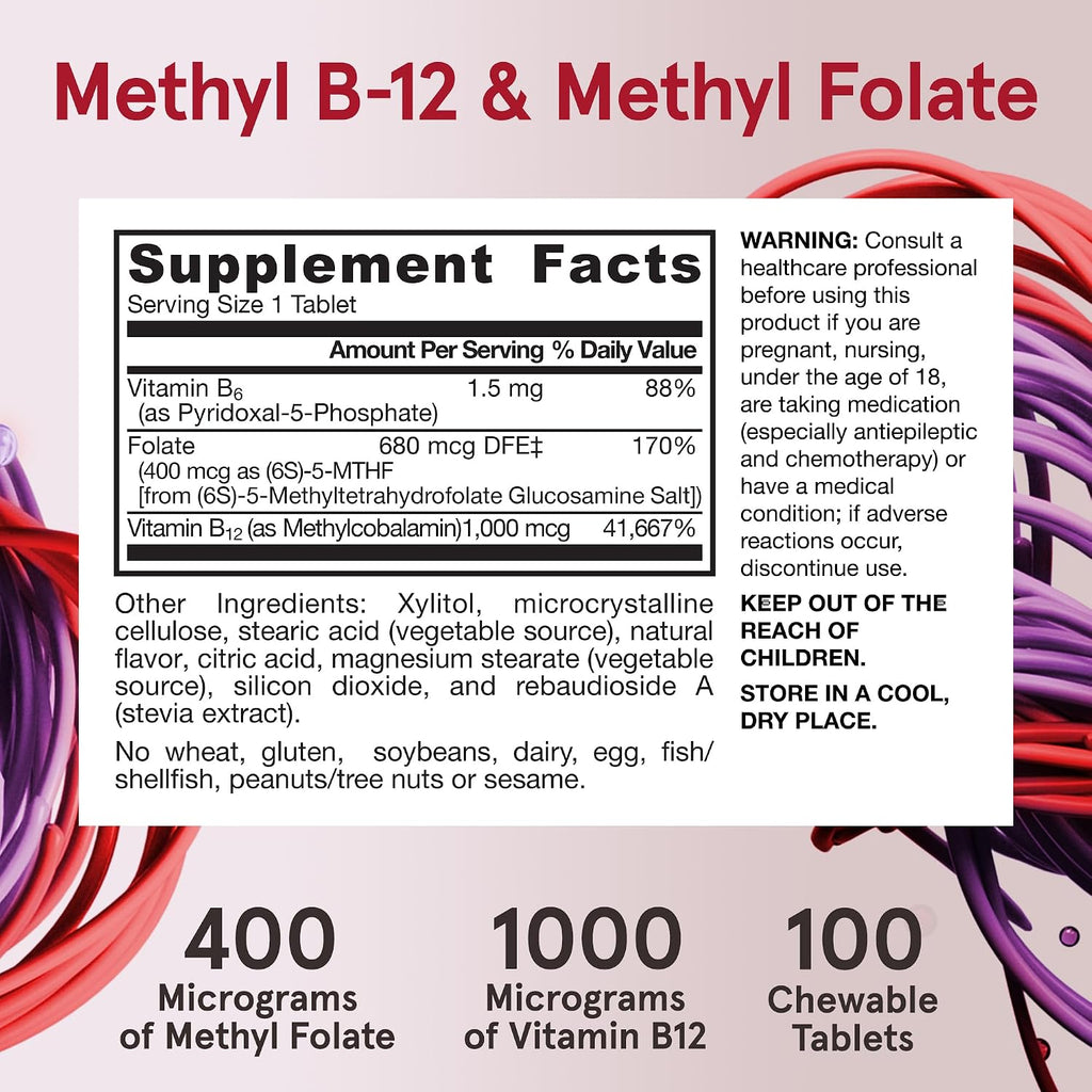 Jarrow Formulas Methyl B-12 1000mcg y Methyl Folate 400mcg, Fórmula de Fuerza Extra, Metabolismo Energético Celular y Salud Cardiovascular con P-5-P, 100 Comprimidos Masticables, 12 Paquetes