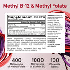 Jarrow Formulas Methyl B-12 1000mcg y Methyl Folate 400mcg, Fórmula de Fuerza Extra, Metabolismo Energético Celular y Salud Cardiovascular con P-5-P, 100 Comprimidos Masticables, 12 Paquetes