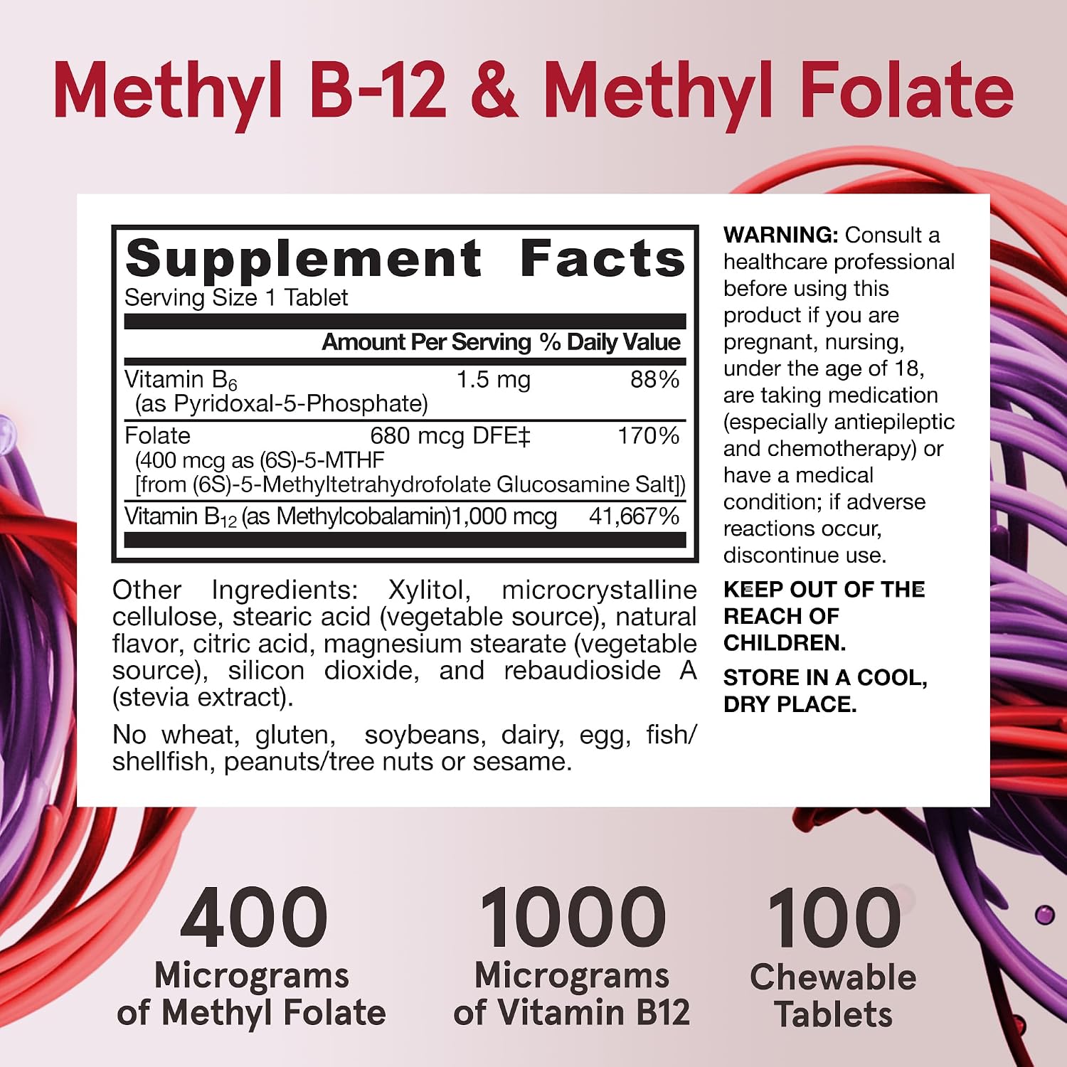 Jarrow Formulas Methyl B-12 1000mcg y Methyl Folate 400mcg, Fórmula de Fuerza Extra, Metabolismo Energético Celular y Salud Cardiovascular con P-5-P, 100 Comprimidos Masticables, 12 Paquetes