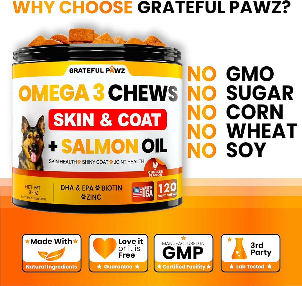 Grateful Pawz Omega 3 para Perros - Mordeduras de Aceite de Pescado con EPA y DHA