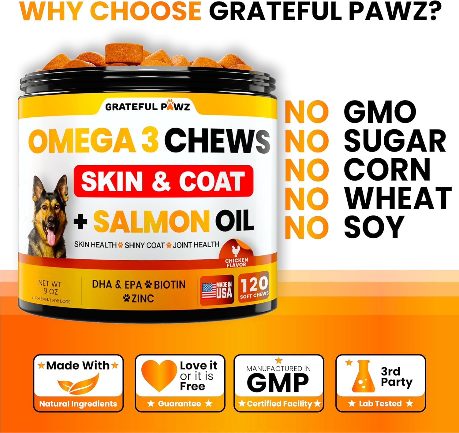 Grateful Pawz Omega 3 para Perros - Mordeduras de Aceite de Pescado con EPA y DHA