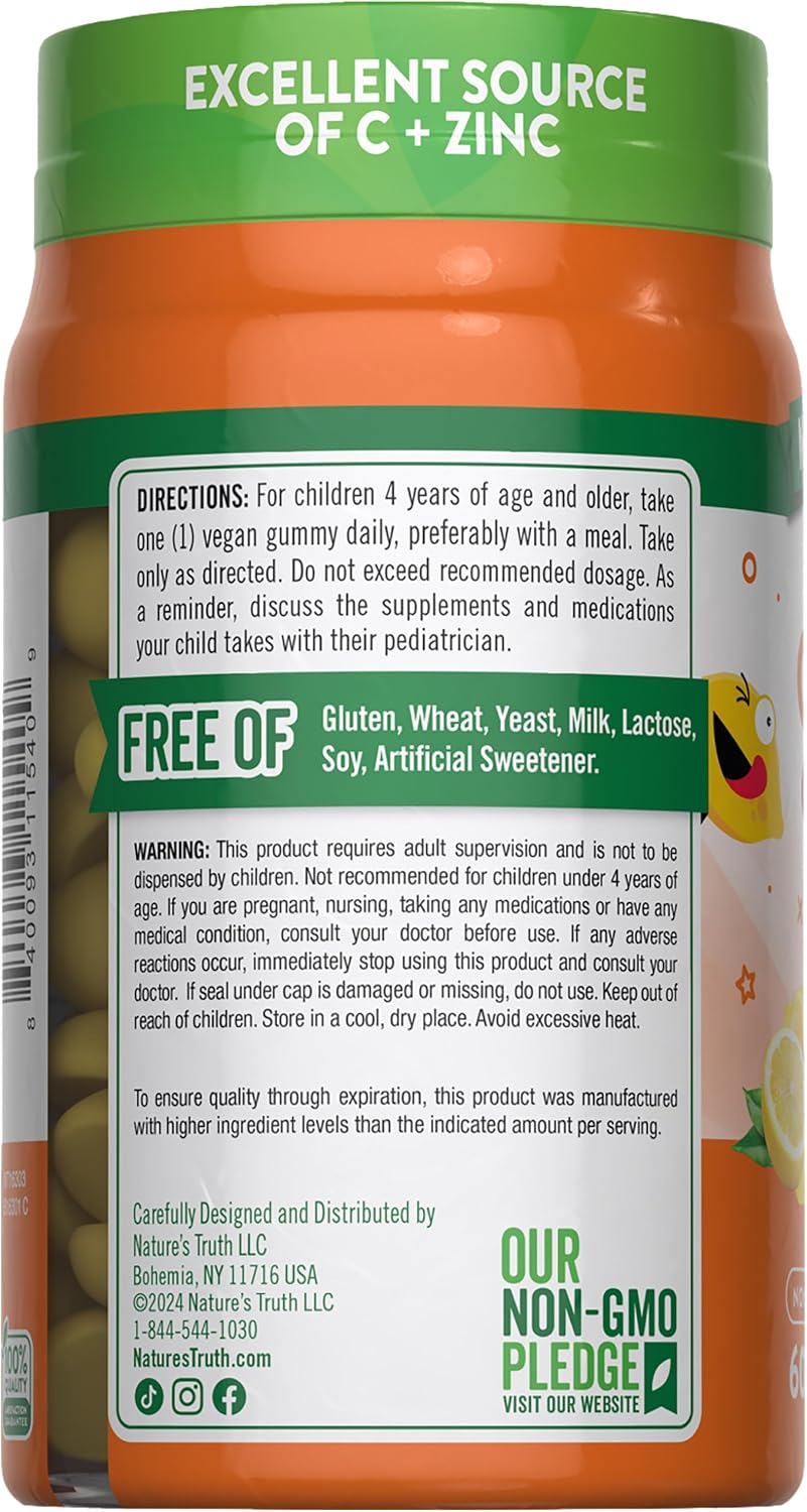Nature's Truth Gomitas de Vitamina C y Zinc para Niños - 60 unidades - Veganas, sin gluten, sin OMG