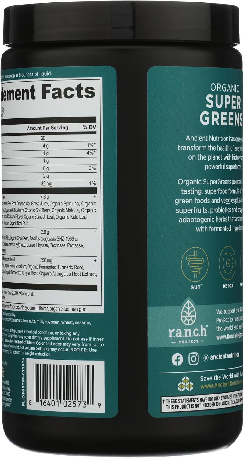 Ancient Nutrition SuperGreens Powder Bio con Probióticos, Sabor Menta Orgánica, 25 Raciones, 205g