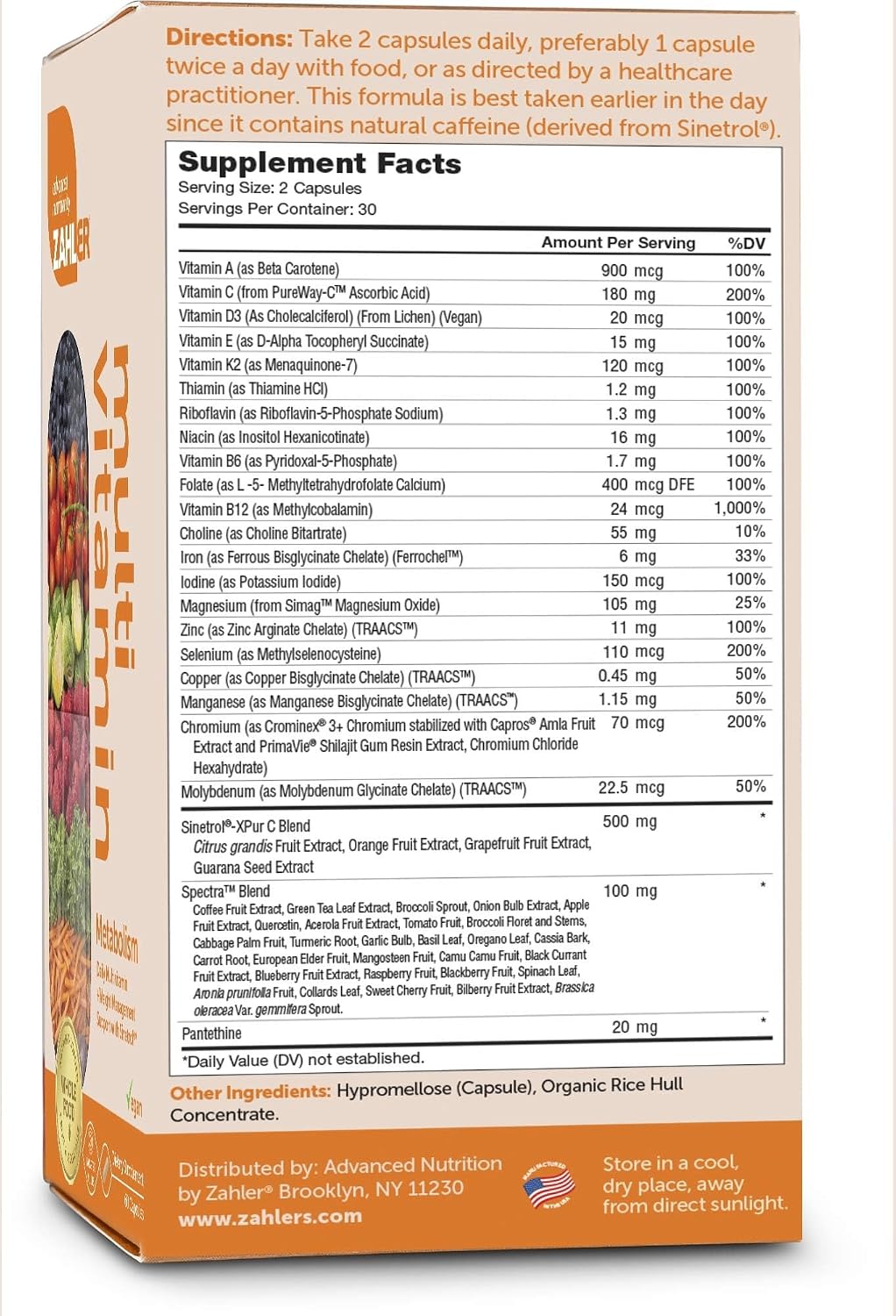 Zahler Multivitamin Metabolism + Apoyo al Control de Peso para Mujeres y Hombres con Hierro, Certificado Kosher, 60 Cápsulas