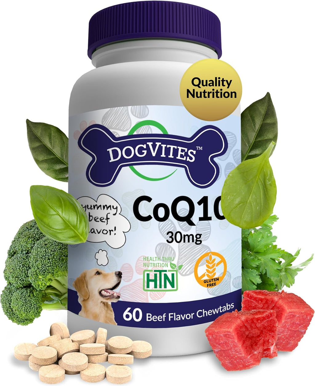 Health Thru Nutrition Dog-Vites CoQ10 para Perros, 60 Comprimidos Masticables Sabor Carne, 30mg