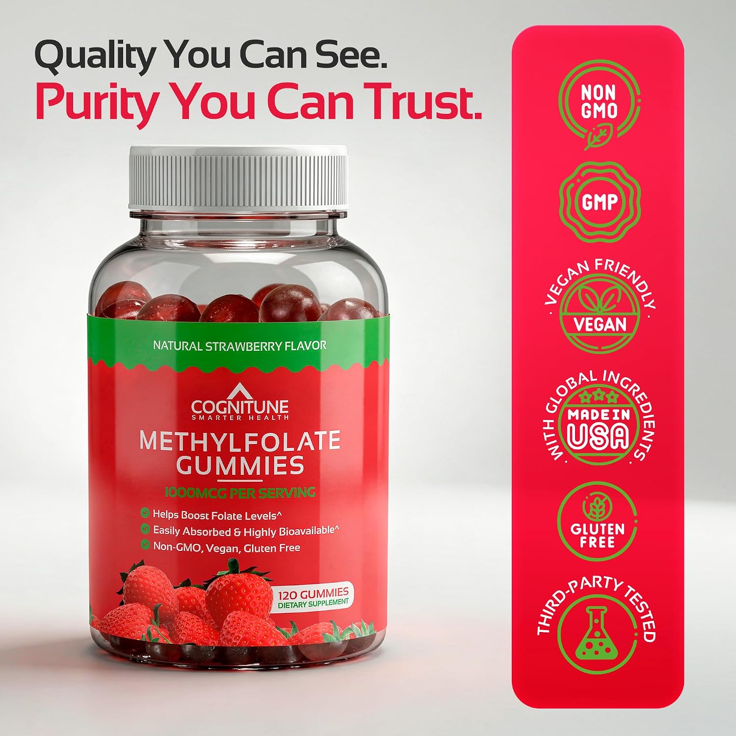 CogniTune Methylfolate Gummies para Niños y Adultos - L-Metilfolato 1000 mcg - Complemento de Folato Activo 5-MTHF - Apoyo MTHFR - Gomitas de Fresa - Sin OGM, Vegano - 60 Unidades