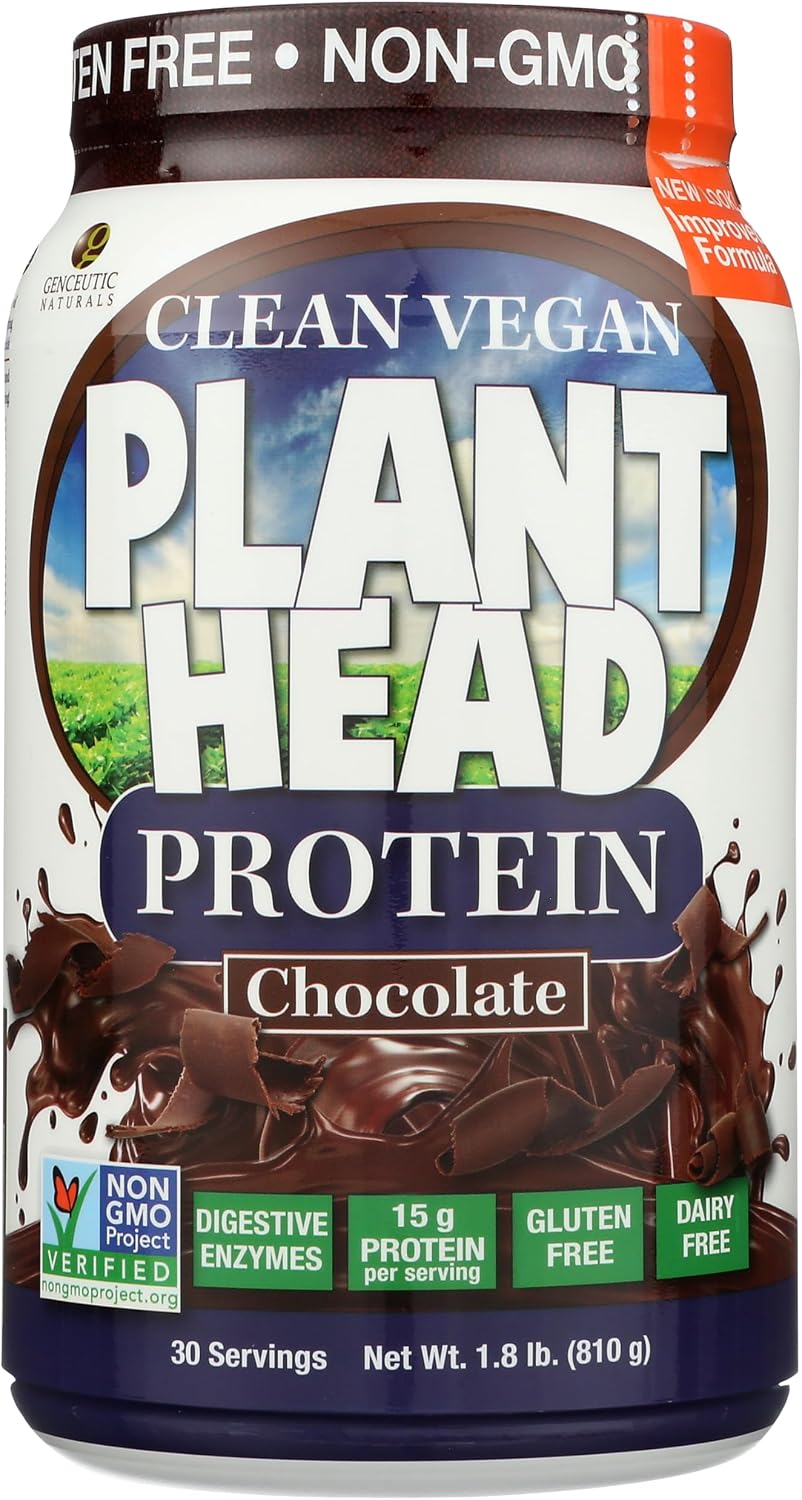 Genceutic Naturals Plant Head Protein - Plant-Based Protein Supplement, Chocolate, 822g