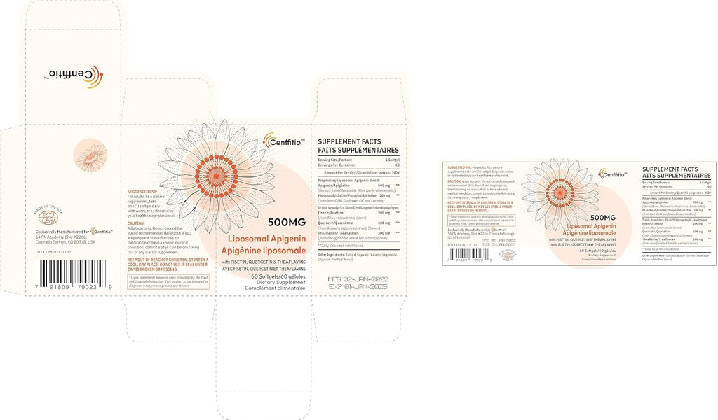 Cenffitio Apigenina Liposomal 500mg en Cápsulas Blandas - con Fisetina, Quercetina y Teanflavinas - 120 Cápsulas (4 Meses)