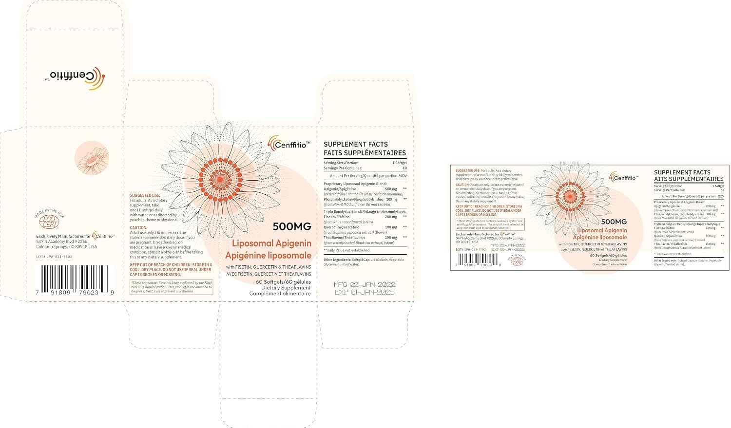 Cenffitio Apigenina Liposomal 500mg en Cápsulas Blandas - con Fisetina, Quercetina y Teanflavinas - 120 Cápsulas (4 Meses)