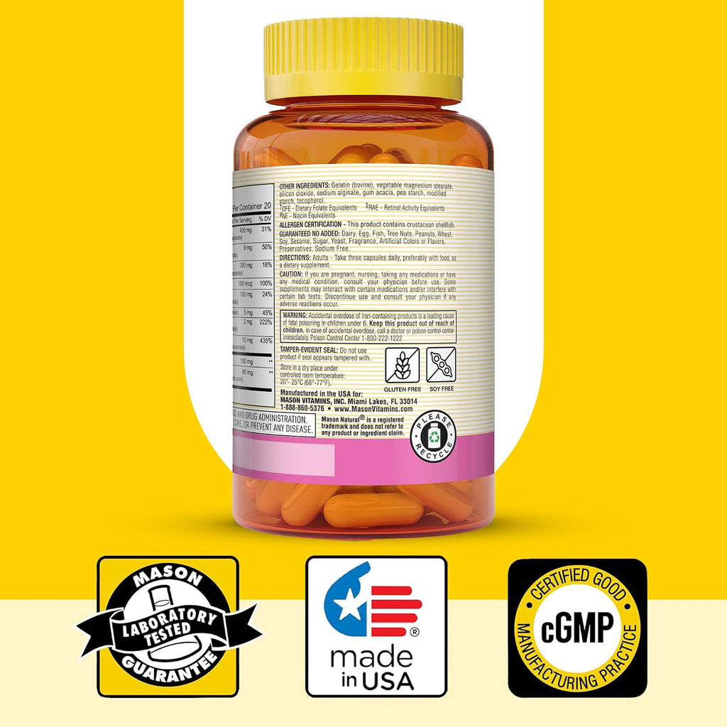 MASON NATURAL Suplemento Premium para Cabello, Piel y Uñas con Biotina y Vitaminas A, C, E y Complejo B, 60 Cápsulas