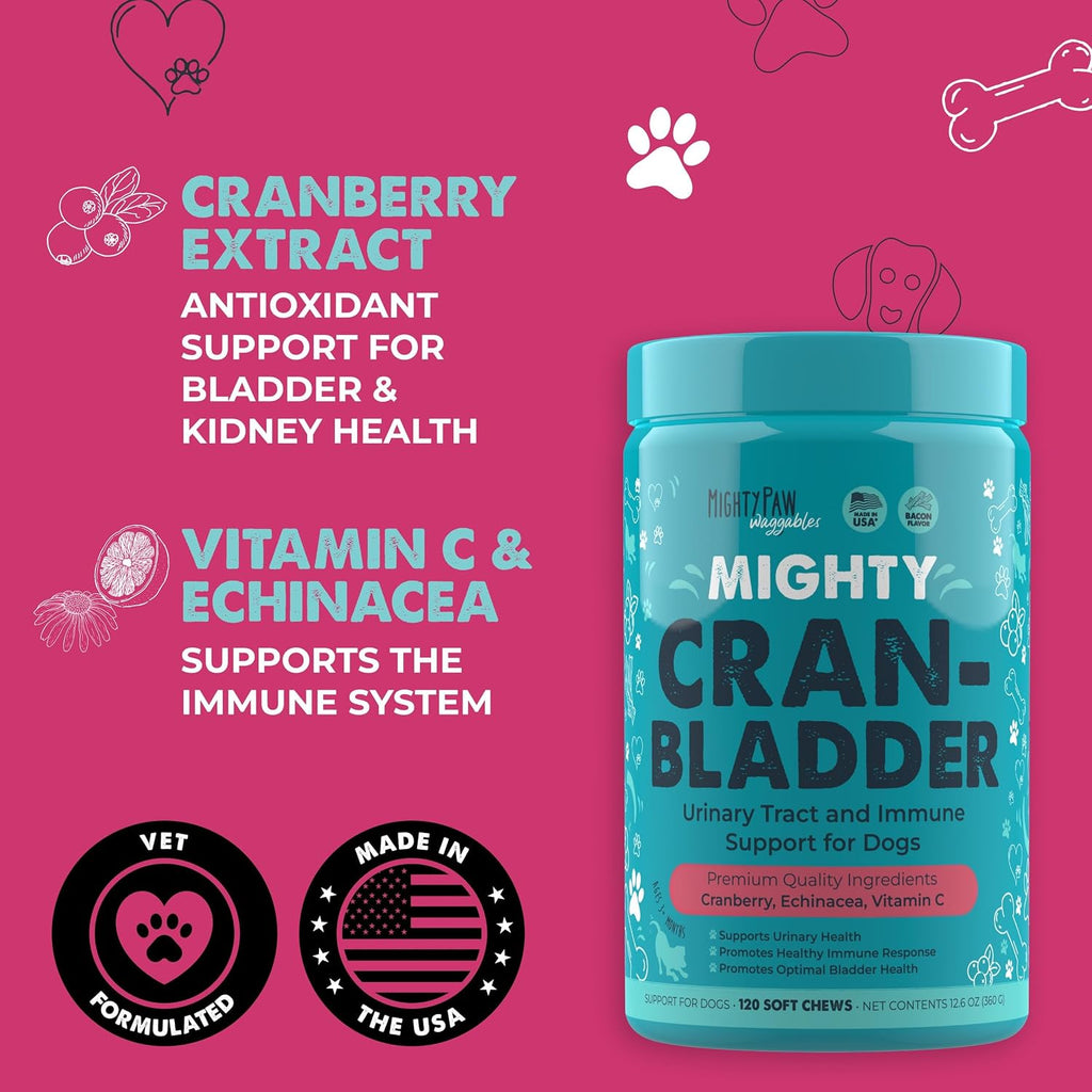 Mighty Paw Waggables Cran-Bladder (2-Pack) – Suplemento de Arándano para Perros, 240 Chews Blandos sabor Bacon