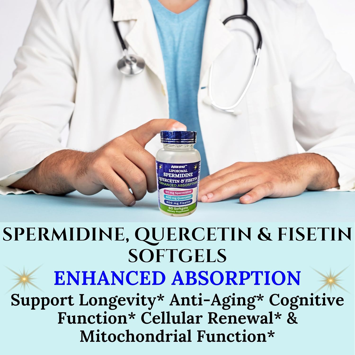 Nikoni Liposomal Spermidina, Quercetina, Fisetina 860mg - Apoyo al Envejecimiento Saludable, Renovación Celular, Función Cognitiva - 60 Cápsulas Blandas
