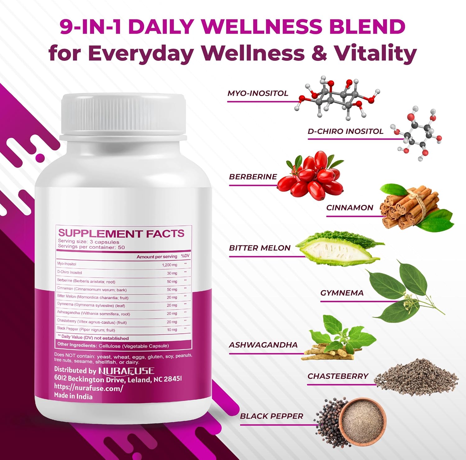 NURAFUSE Myo-Inositol y D-Chiro Inositol con Saúco, Canela, Melón Amargo y Gymnema – Alta Potencia