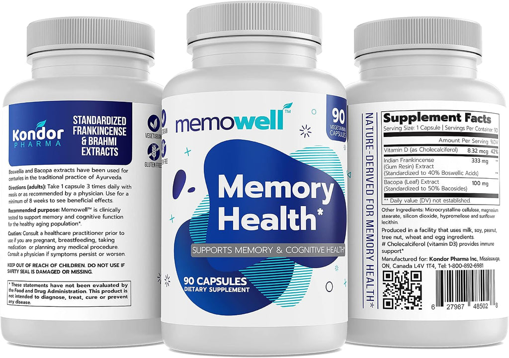 Memowell Suplemento para la Memoria - Fórmula Avanzada para la Salud Cerebral - 90 Cápsulas (30 Días)