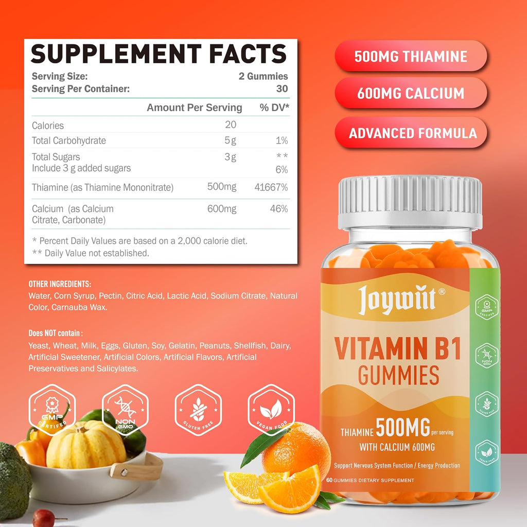 Joywiit Gominolas de Vitamina B1 500mg, Suplemento de Tiamina para Adultos, con 600mg de Citrato de Calcio, Apoya el Sistema Nervioso, Vegano, Masticable Sabor Naranja Natural