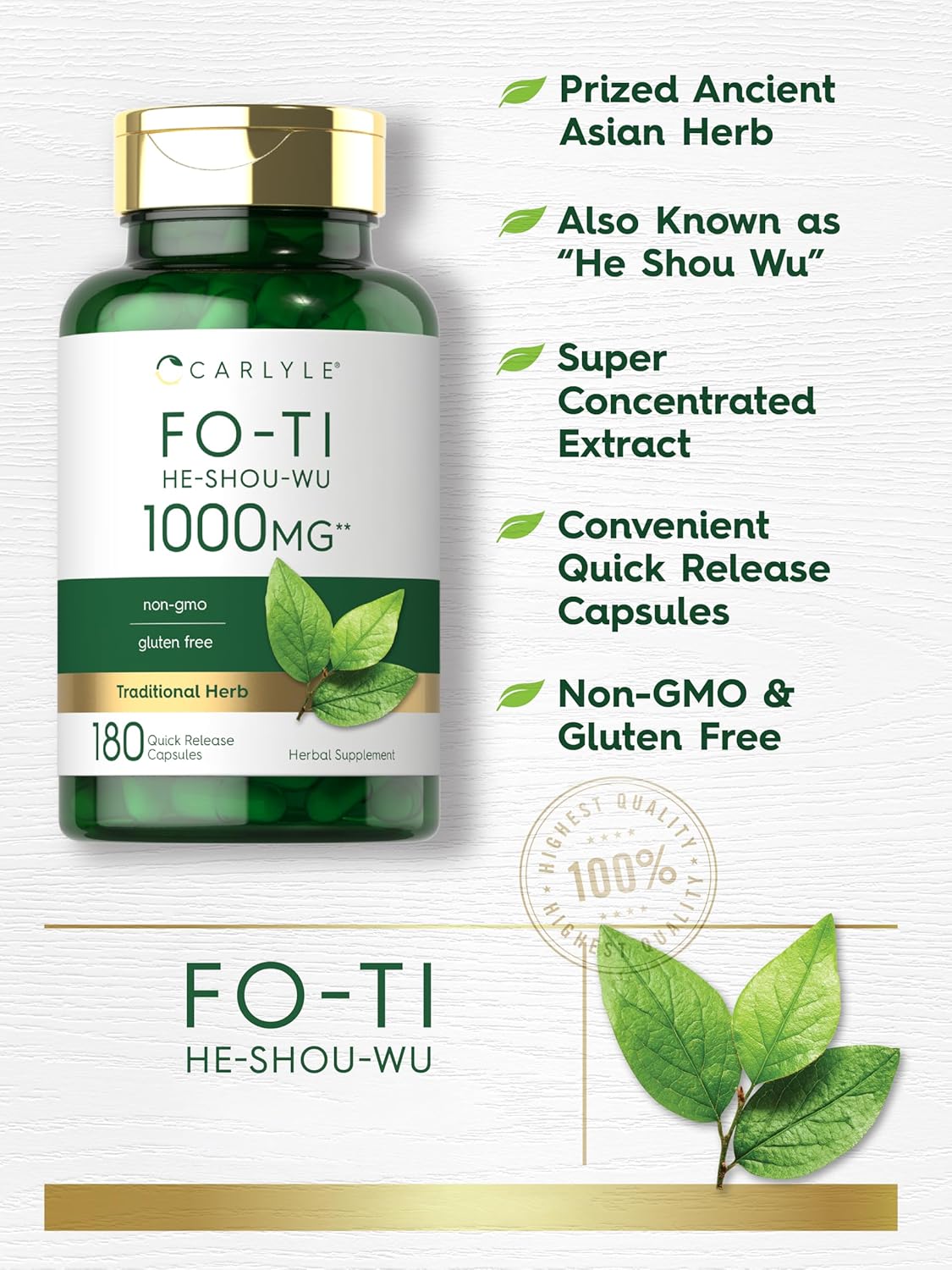 Carlyle Suplemento de Fo-Ti | 180 Cápsulas | Extracto de Raíz de He-Shou-Wu | No OGM y Sin Gluten