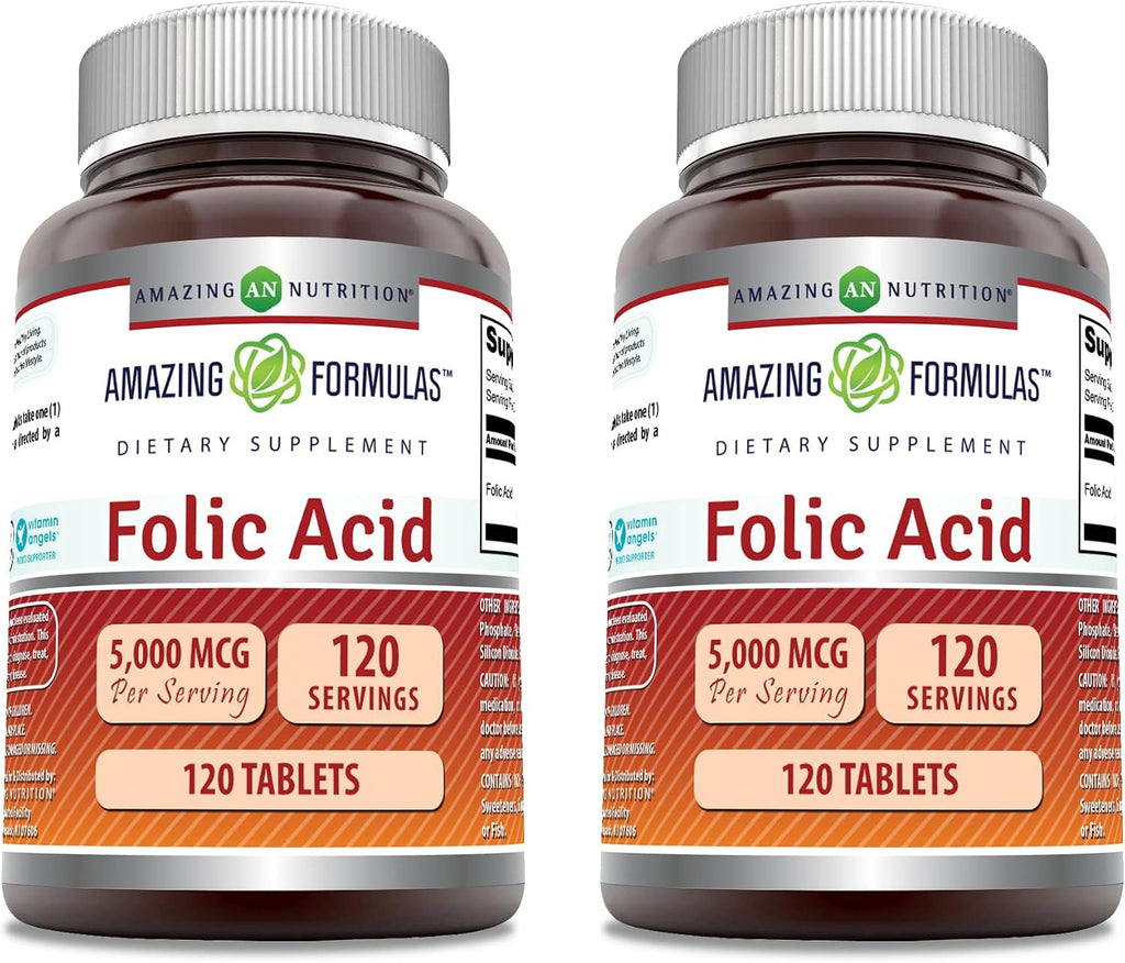 Amazing Formulas Ácido Fólico 5000 mcg por dosis | Complemento alimenticio en comprimidos | No transgénico, sin gluten | Fabricado en EE. UU. (Paquete de 3 | 120 comprimidos cada uno)