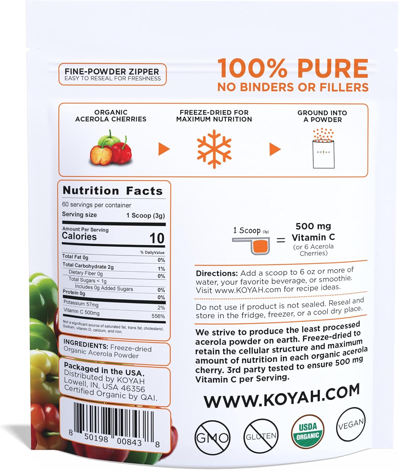 KOYAH Polvo de Acerola Orgánica Liofilizada - Vitamina C Natural, 60 Raciones