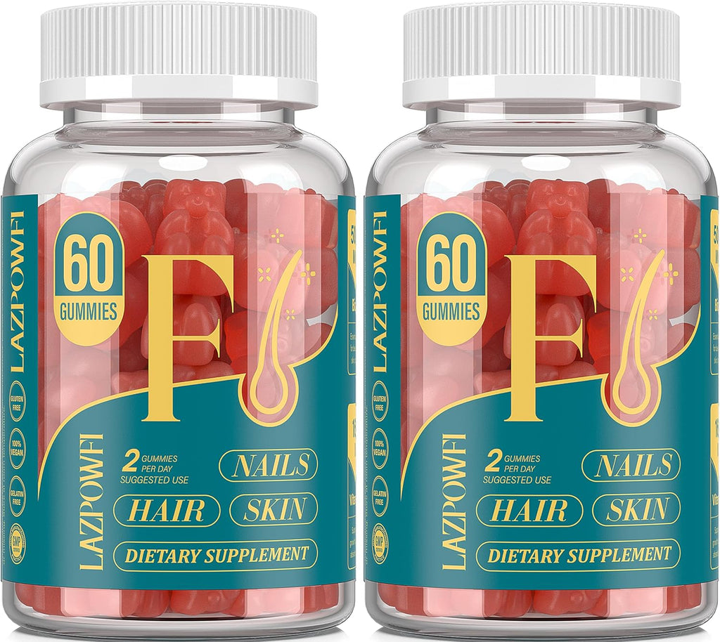 Lazpowfi Gomitas de Biotina para Cabello, Piel y Uñas - Vegano, 60 Días (2 Envases) - Sabor Fresa