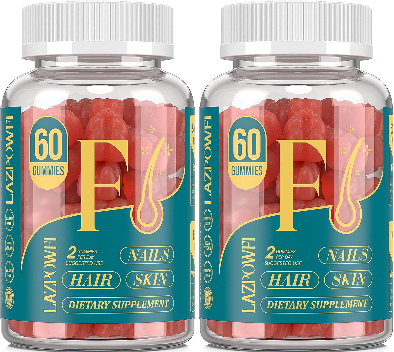 Lazpowfi Gomitas de Biotina para Cabello, Piel y Uñas - Vegano, 60 Días (2 Envases) - Sabor Fresa