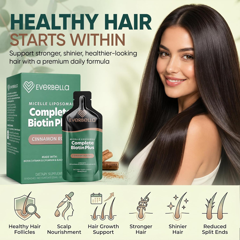 EVERBELLA Biotina Plus Liposomal - Sobres Líquidos con Aceite de Semilla de Calabaza, Comino Negro y Vitamina D3 - Apoyo para Cabello, Piel y Uñas - Sabor a Canela - 15 Sobres