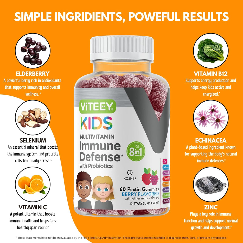 Viteey Gominolas Multivitamínicas para Niños con Probióticos - 60 Gominolas Sabor a Bayas