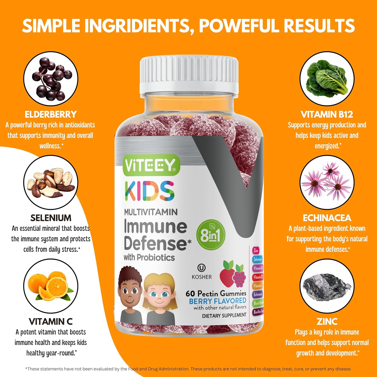 Viteey Gominolas Multivitamínicas para Niños con Probióticos - 60 Gominolas Sabor a Bayas