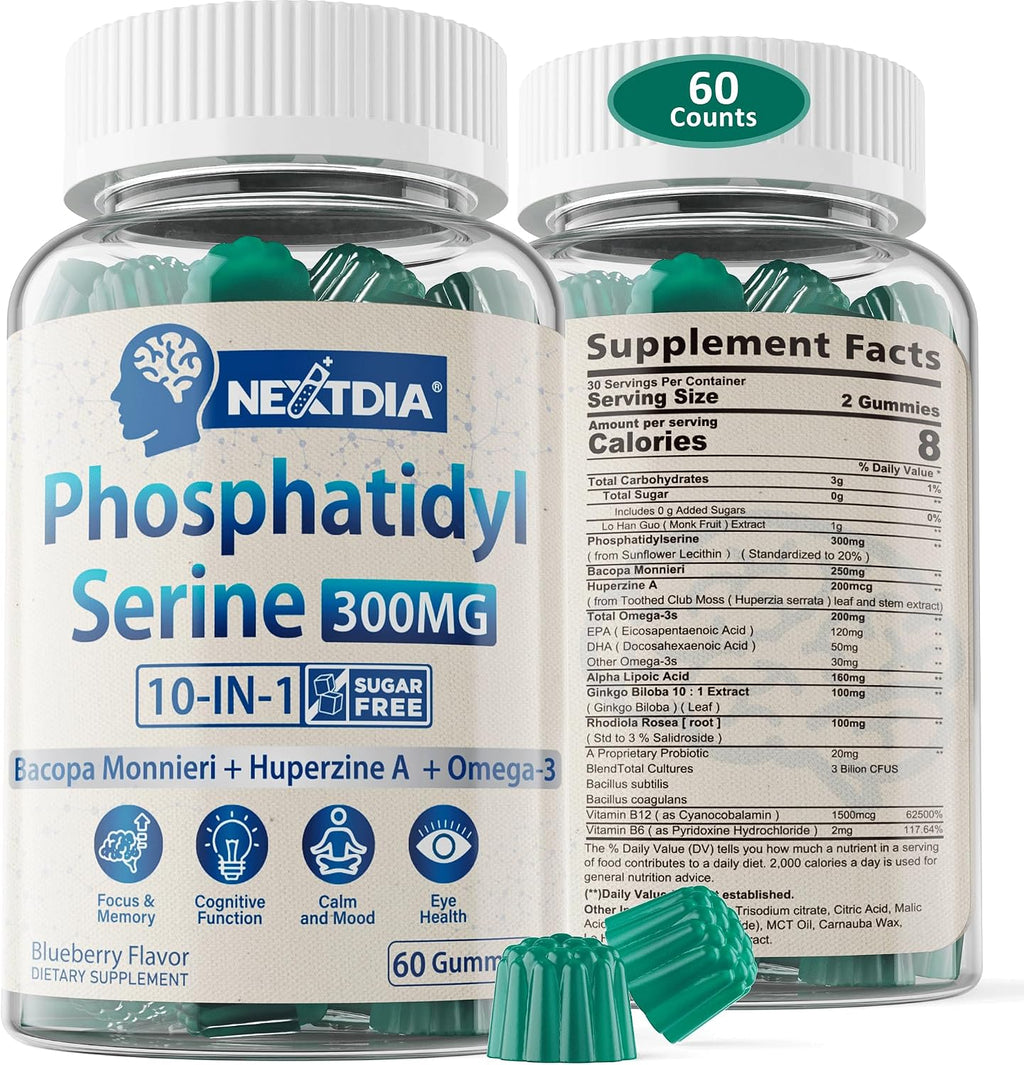Fosfatidilserina - Gominolas Nootrópicas para Enfoque y Energía + Bacopa Monnieri, Omega 3, Huperzina A, Metil B12 y B6 para Mayores, Gamers y Trabajadores, No OGM, Sin Cafeína, Sin Azúcar, 2 Paquetes