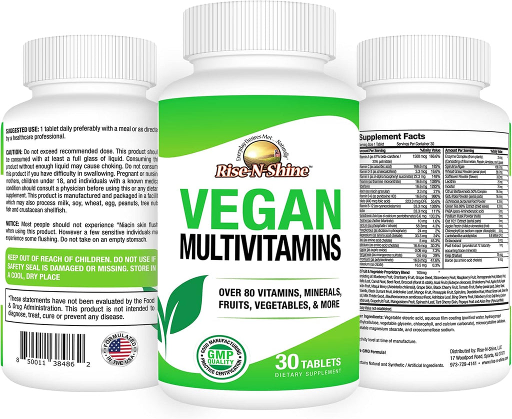 Rise-N-Shine Vegan MultiVitamins Complete Daily MultiVitamin and MultiMineral for Men and Women with Over 80 Vitamins, Minerals, Fruits, Vegetables and More 30 Count