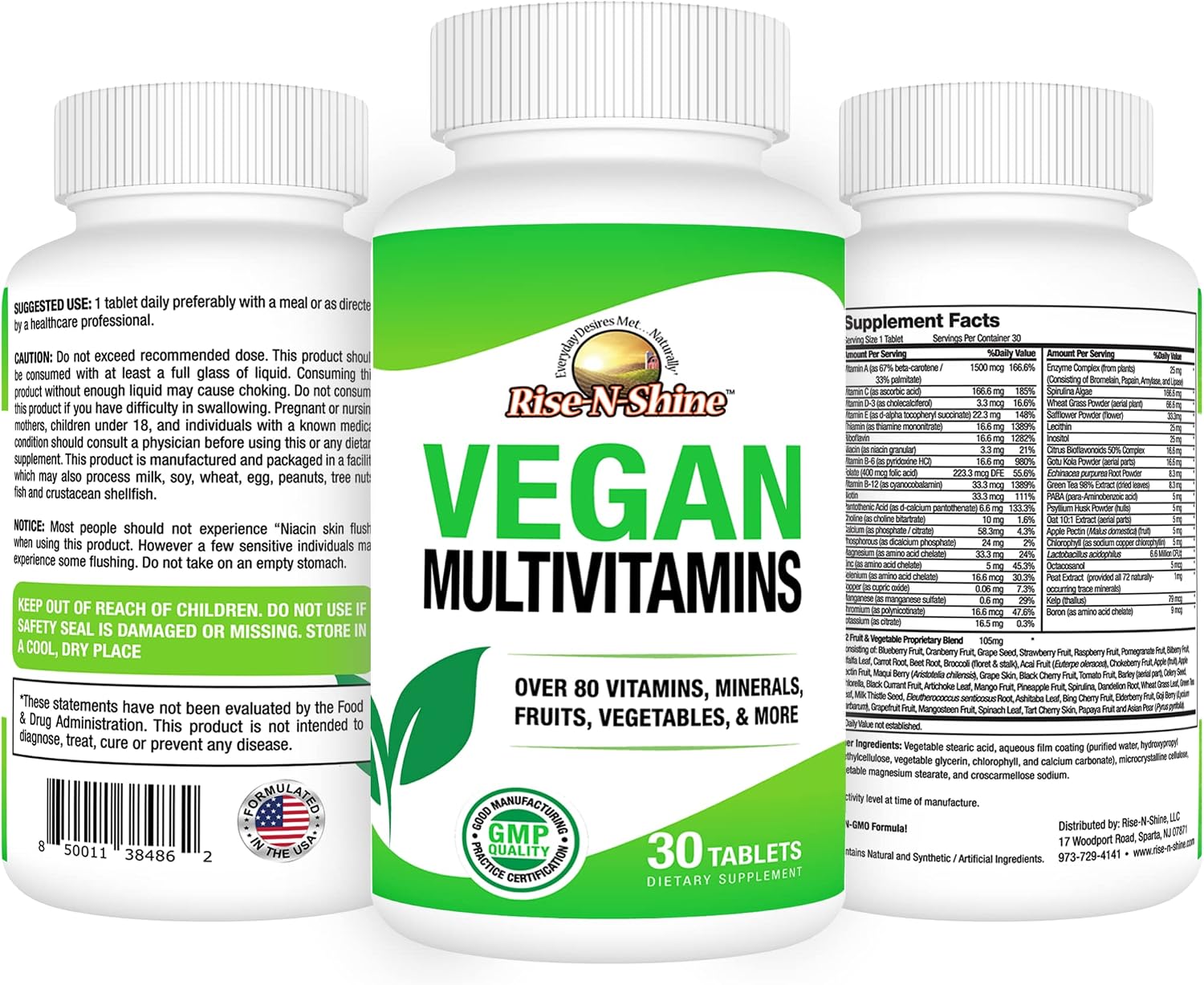 Rise-N-Shine Vegan MultiVitamins Complete Daily MultiVitamin and MultiMineral for Men and Women with Over 80 Vitamins, Minerals, Fruits, Vegetables and More 30 Count