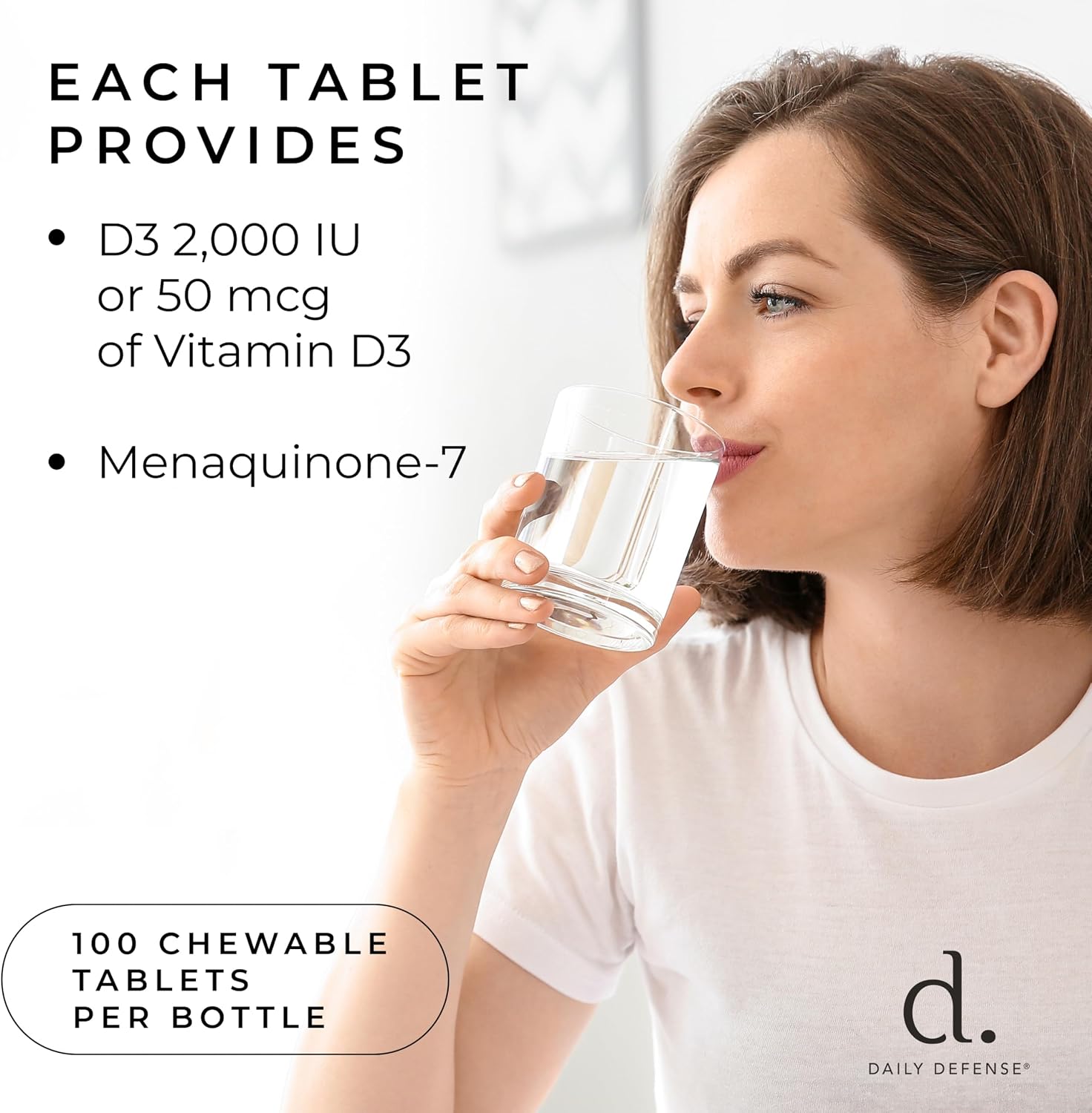 Daily Defense - Vitamina D3 y K2 2000 UI, 100 Comprimidos Masticables