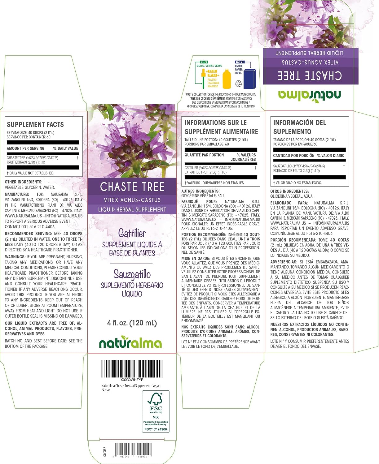 Naturalma Sauzgatillo (Vitex agnus-castus) Tintura Sin Alcohol - 120 ml