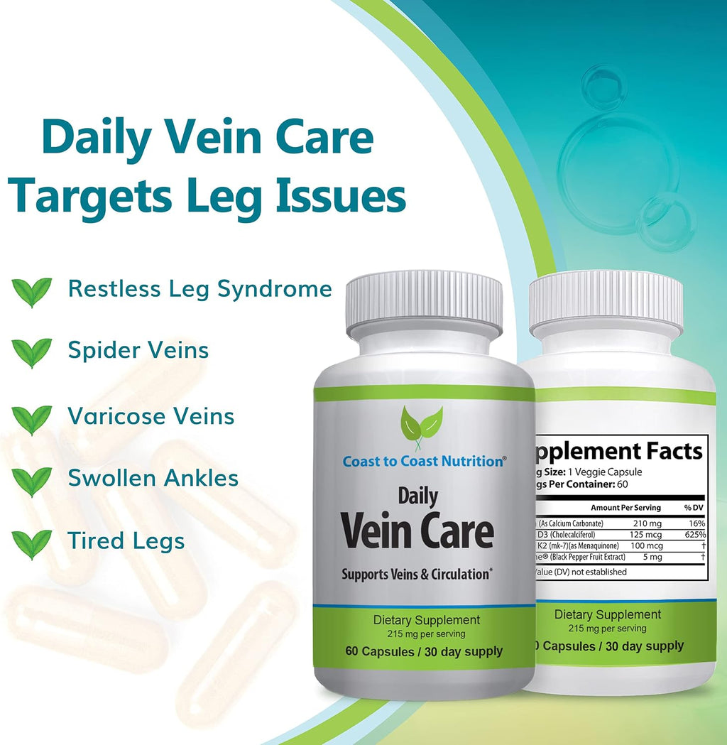 Daily Vein Care Supplement Capsules — Fórmula de Circulación con Calcio, Vitamina D3, Vitamina K2 y BioPerine para Máxima Absorción — 60 Cápsulas