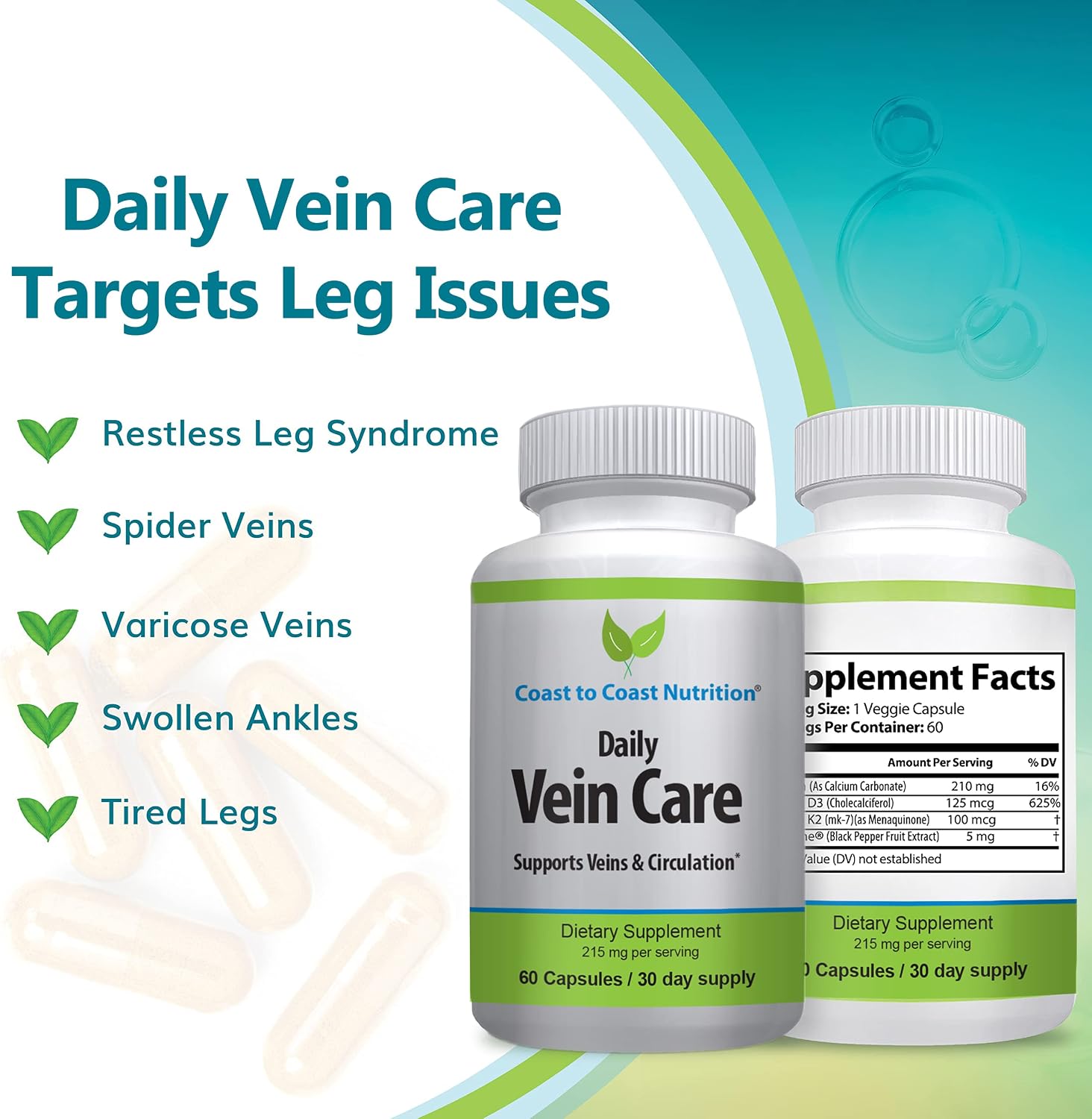 Daily Vein Care Supplement Capsules — Fórmula de Circulación con Calcio, Vitamina D3, Vitamina K2 y BioPerine para Máxima Absorción — 60 Cápsulas
