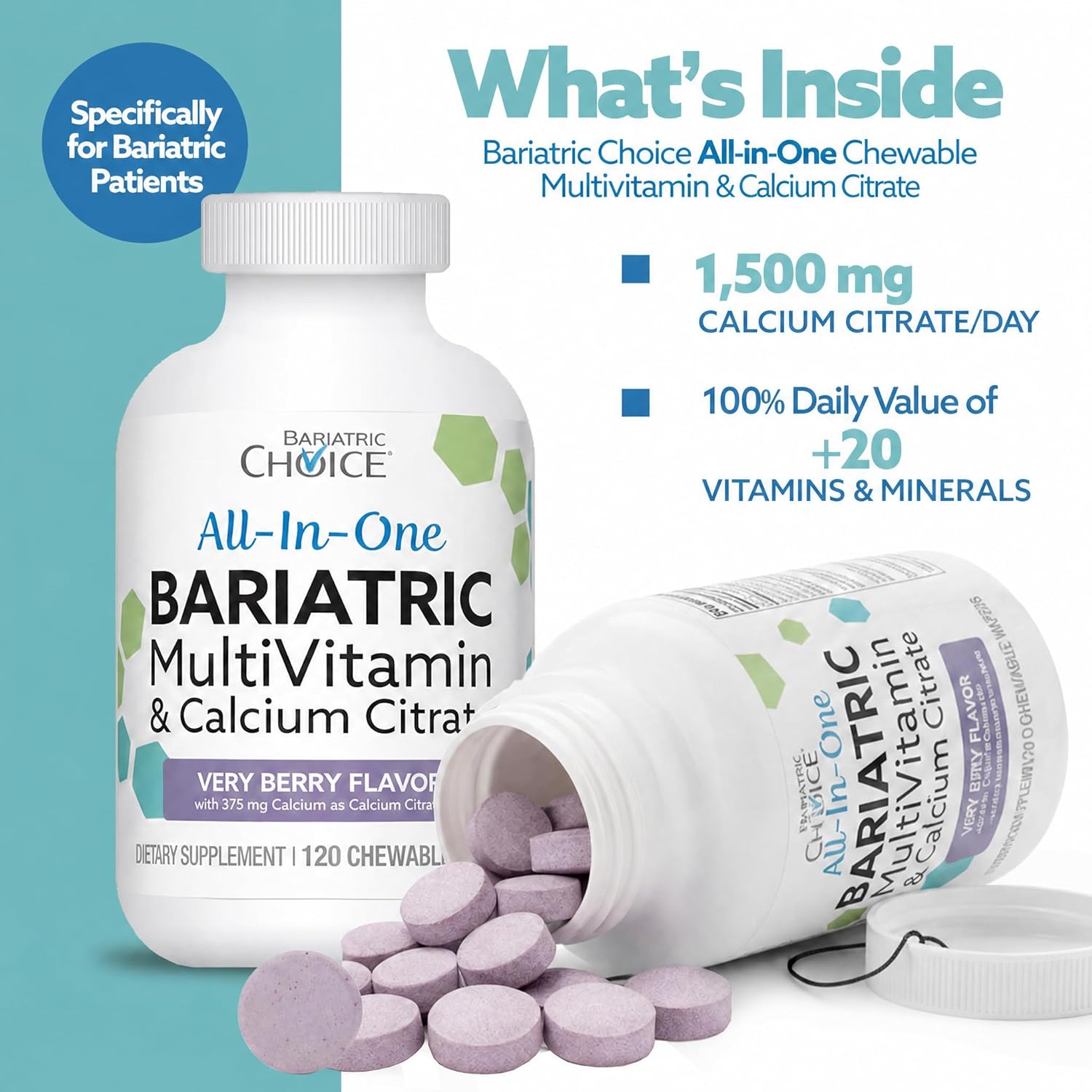 Bariatric Advantage Chewable All-in-One Multivitamin with Iron and Calcium Citrate, Very Berry Flavor (120 tablets)
