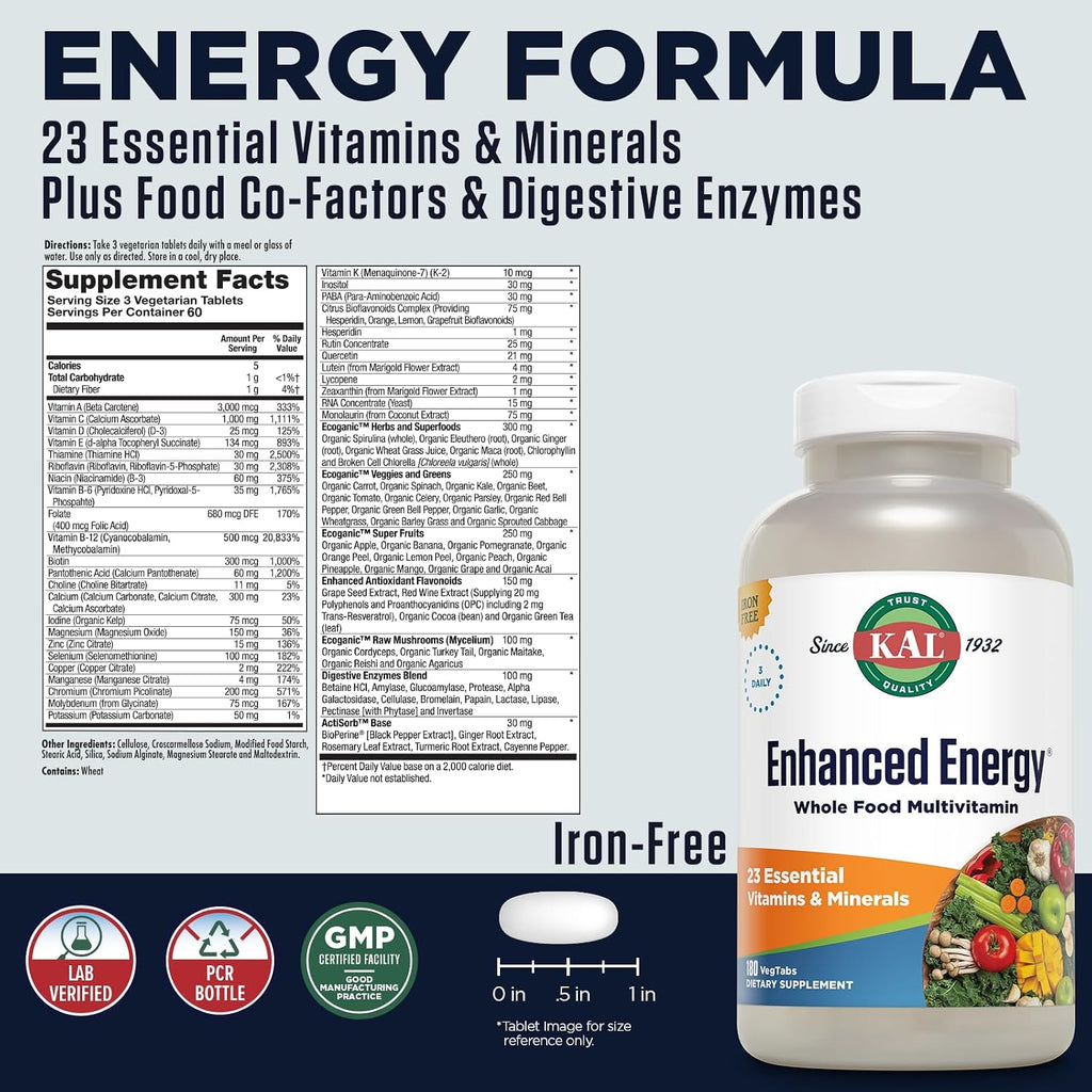 KAL Enhanced Energy Multivitamin - 180 Cápsulas